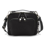 This TUMI Voyageur Black & Gunmetal Teghan Crossbody Bag has a front zip pocket with a dual zip in gunmetal.