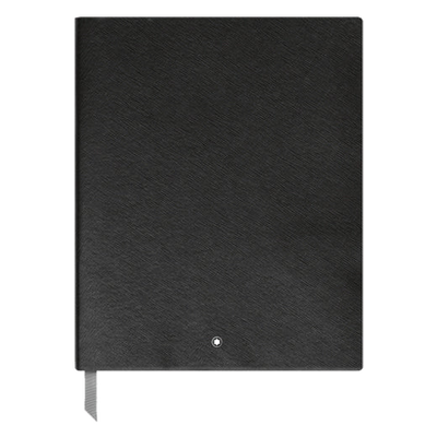Montblanc black saffiano leather print notebook with Montblanc emblem on the front.