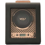 This WOLF Copper Axis Watch Winder features a black vegan leather exterior.