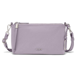 This Voyageur Lavender Adela Crossbody Bag by TUMI has the brand name on the front in silver lettering to match the zip pulls and rest of the trims.