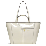 Radley's Pockets Icon Light Natural Tote Bag, Large is made from plain leather with gold hardware matching the gold foil embossed logo on the front.