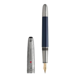 Montblanc's Meisterstück Doué Classique Around the World in 80 Days Blue Fountain Pen has a platinum clip that is adorned with a red lacquer heart.