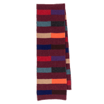 This Paul Smith Men's Block Stripe Lambswool Burgundy Glassette Scarf has a mix of coral, purple, green, brown and red.