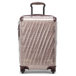 TUMI's 19 Degree Lite International Blush Carry-On has dark burgundy trims to complement the blush pink exterior.