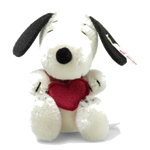 Steiff's x Peanuts Snoopy Miniature With Heart is made with a blend of mohair and cotton with a felt heart.
