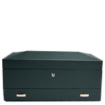 The WOLF 1834 Green British Racing 10 Piece Watch Box with Storage features a quad angled panelled lid.