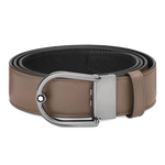 This Montblanc Horseshoe Buckle Mastic/Black Saffiano Leather Reversible Belt is made out of cowhide leather and ruthenium hardware.