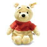 Steiff's Soft Cuddly Friends Disney Originals Winnie The Pooh is made out of soft plush with a synthetic filling and beanbags in the hands and feet.