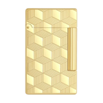 This Initial Cube Guilloche Gold Lighter by S.T. Dupont has an engraved cube pattern with horizontal and vertical stripes.