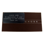 Plaque shown on a Cross Pen case with engravement in Grave Double Contour.