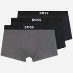 The BOSS One 3-Pack of Black and Grey Organic Stretch-Cotton Trunks with Waistband Logo by BOSS.