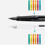 The ring colours for the Safari Glossy Black and White Fountain Pens Set with Decorative Rings.