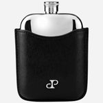 The Philipp Silver-Plated Stainless Steel Hip Flask with Black Faux Leather Sleeve by WOLF.