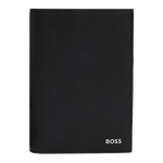This BOSS Zair Black Textured Faux Leather Passport Cover has the foil embossed brand name on the front in silver.