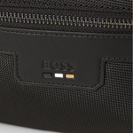 The embossed BOSS logo and signature stripes feature on the front of the Ray Black Fabric Zipped Bumbag with Signature Trims, underneath a secondary front zipped pocket.