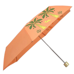 The Radley brand name is found engraved on the base of the Paradise Palms Peach Cobbler Responsible Handbag Umbrella gold grab handle.