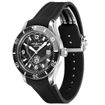 This Montblanc 1858 Iced Sea Black Rubber Automatic Date Watch features a rubber strap.