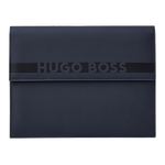 This Navy Vegan PU Leather Cloud A5 Folder is by Hugo Boss and has the brand name embossed on the front.