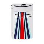 This S.T. Dupont 24Hrs Du Mans White & Chrome Maxijet Lighter has a design that consists of red and blue stripes with the 24hr logo in silver.