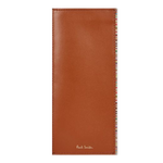 This Paul Smith Tan Leather 'Signature Stripe' Trim Glasses Case has the brand name on the front in gold foiling.