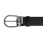 Montblanc's Horseshoe Pin Buckle Black Bark Print Leather Belt has a textured print on the leather on one side and plain black leather on the reverse.