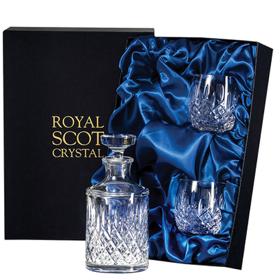 royal scot crystal london round single malt decanter with 2 barrel tumblers packaging