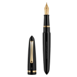 This Montegrappa Venetia Black & Gold Stainless Steel Fountain Pen has polished gold trims including the clip, the nib, and the ring around the cap.
