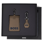 This BOSS Logo Brown Card Holder & Airtag Holder Keyring Set comes in a presentation box.