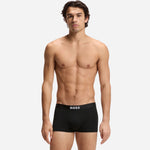 Front view of the 3-Pack Cotton Stretch BOSS One Black Boxer Trunks with Logo Waistbands.