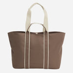 Back view of the Brown and Cream Palmah Tote with Logo Straps.