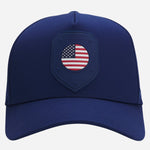 Front view of the BOSS Poulin-BC D'LUX-Flag Blue Polyester Twill Cap with USA Flag Badge.