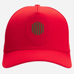 Front view of the BOSS Poulin-BC D'LUX-Flag Red Polyester Twill Cap with Portugal Flag Badge.