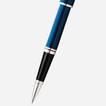 The grip on the Coventry Blue Lacquer Rollerball Pen with Polished Chrome Trims.