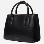 Side view of the Paul Smith Women's Black Leather Top Handle Bag with 'Signature Stripe' Trims.