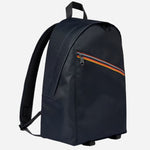 Side view of the Navy Blue Recycled Polyester Backpack with Artist Stripe Trim.