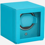 Side view of the Cub Tutti Frutti Turquoise Faux Leather Single Watch Winder with Cover.