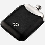 Base view of the Philipp Silver-Plated Stainless Steel Hip Flask with Black Faux Leather Sleeve.
