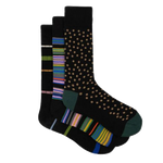 This Paul Smith Men's 3 Pack Novelty Mixed Stripe & Polka Dot Socks comes in a presentation box with a clear window.