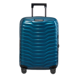 Samsonite's Proxis Spinner Expandable Petrol Blue Carry On Case, 55 cm has the brand name in a small plague on the front, with the logo on the zip pulls.