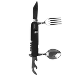 This Society Paris Stainless Steel Black Cutlery Multi-Tool features a fork, knife, spoon, corkscrew and more.
