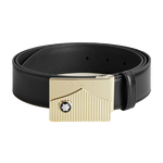 Montblanc's Meisterstück Light Gold Buckle Plain Leather Belt has a light gold buckle with the engraved Mont Blanc mountain and the snowcap emblem.
