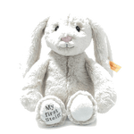 Steiff's Light Grey My First Steiff Hoppie Rabbit has ben made with polyester with a faux fur exterior.