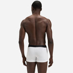 Back view of the white pair from the 3-Pack Cotton Stretch BOSS One Boxer Trunks with Logo Waistbands.