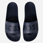 Top view of the Aryeh Navy Blue Italian Made Slides with Large Black Logo.