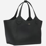 Side view of the BOSS Lenah Black Leather New Tote Bag with Metallic Logo.