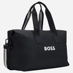 Side view of the Catch 3.0 Black Polyester Holdall with Signature Stripe Handles.