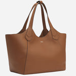 Side view of the BOSS Lenah Brown Leather New Tote Bag with Metallic Logo.