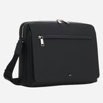 Side view of the Ray Black Faux Leather Flapover Messenger Bag with Three Stripe Detail.