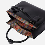 Inside the Paul Smith Women's Black Leather Top Handle Bag with 'Signature Stripe' Trims.
