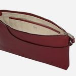 Inside the Pockets Carmine Red Leather Medium Zip Top EW Cross Body Bag.